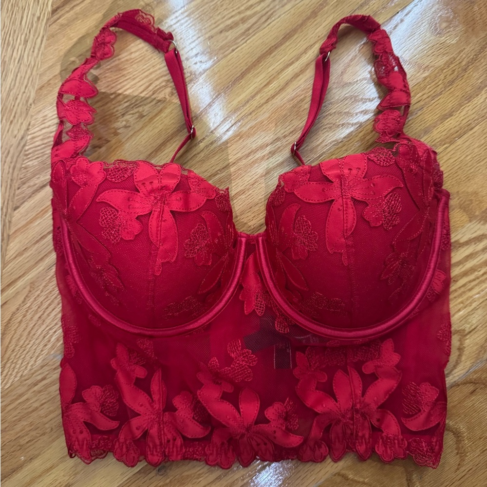 Victoria’s Secret red floral embroidery corset top 32DD